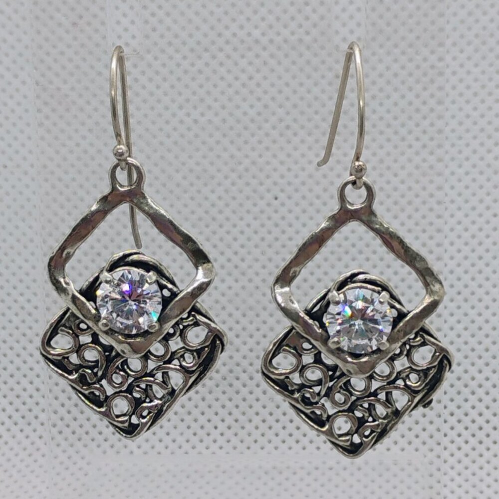 Noa Zuman Israel 925 Sterling Silver Cubic Zirconia Dangle Earrings - Picture 2 of 6